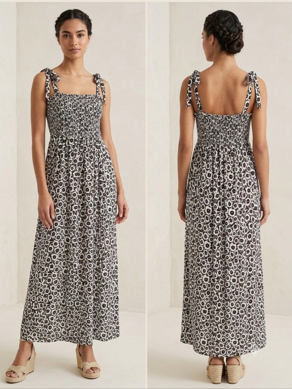 Diane Von Furstenberg‎ In Neutral Poppy Smocked Tie-Shoulder Maxi Dress